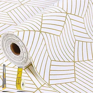 Shelf Liners for Kitchen Cabinets 12in x 30FT, Non Adhesive Cabinet Liner Strong Non-Slip Thickened Gold Geometric Drawer Liner, Easy to Clean for Shelf, Cabinet with Knife and Tape Measure