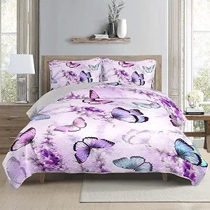 Lavender Purple Butterfly Quilts Bedding Full 3Pcs for Kid Boy Girl Adult