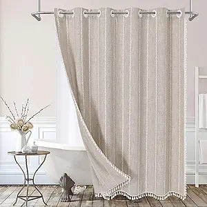 MitoVilla No Hooks Required Boho Farmhouse Shower Curtain with Snap-in Liner, Taupe Cotton Linen Fabric Shower Curtains with Tassels for Rustic Neutral Bathroom Decor,72 x 74