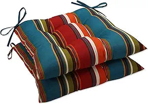 Pillow Perfect Stripe Indoor/Outdoor Chair Seat Cushion with Ties, Tufted, Weather, and Fade Resistant, 18.5" x 19", Red/Brown Westport, 2 Count