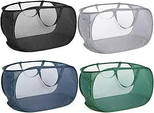 4 Pack Durable Collapsible Laundry Baskets, Mesh Foldable Laundry Basket, Pop Up Laundry Hamper with Pocket, Clothes Hamper with Reinforced Handles for Laundry, Bathroom, Kids Room, Dorm or Travel
