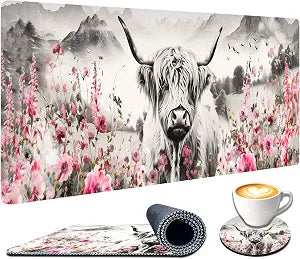 Highland Cow Mouse Pad, Extended Large Desk Pad with Stitched Edges 31.5 x 11.8 Mousepad Desk Mat for Desktop Decor and Accessories Workplace Home XXL Desk Pad for Gaming Office Big Mousepad