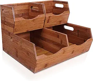 [Upgraded] 2-tier Stackable Bamboo Pantry Storage Bins, Potato and Onion Storage Baskets with Handles, Removable Divider, Pantry Organizer Holder for Kitchen, Office, Cabinet, Fruit Storage (Walnut)