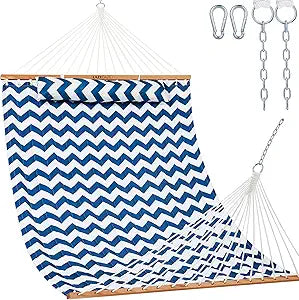 Lazy Daze Hammocks 12FT Quilted Fabric Double Hammock with Spreader Bars and Detachable Pillow, 2 Person Hammock for Outdoor Patio Backyard Poolside, 450 LBS Weight Capacity, Blue Chevron Stripe