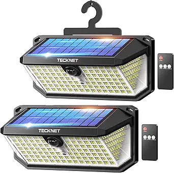 TECKNET 546 LED Motion Sensor Outdoor Lights with Remote Control & Hook,7500LM Solar Lights Outdoor with 2200mAh & IP66 Waterproof, 300 Angle & 3 Modes, Solar Lights for Patio Fence Garage 2 Pack