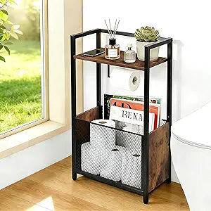 Toilet Paper Holder Stand, Free Standing Toilet Paper Stand with Metal Mesh Basket, Freestanding Toilet Paper Holder with Storage for Bathroom Tissue Roll Holder, Magazines, Wipes, Black