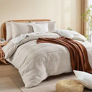 NEXHOME PRO 100% Organic Cotton Duvet Cover Queen Size, Linen Like Pleated Textured Tannish Linen Grey Duvet Cover Set, 3pc Bedding Set with Zipper Closure,Soft,Breathable,90"x90", No Comforter