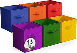 Sorbus 13 Inch Fabric Storage Cubes - Sturdy Collapsible Bins With Handle - 6 Foldable Baskets for Organizing Clothes, Toys, Books - Multi Colored Storage Baskets for Shelves, Kids Room, Closets