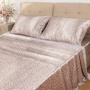Lirex Satin Sheets Twin Size Bed Set, 3 Piece Sheet Set with 14" Deep Pocket, Luxury Smooth & Soft Microfiber, Includes 1 Fitted Sheet, 1 Flat Sheet and 1 Pillowcase, Cream Leopard