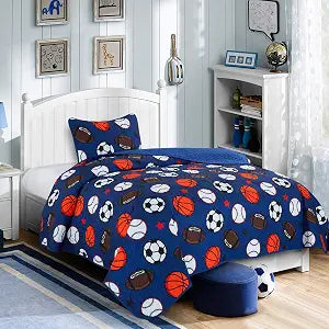 WPM WORLD PRODUCTS MART Blue Twin Quilt Set, Football Baseball Print Set Basketball Sports Soccer Fan Theme Bedspread for Bed Quilted with Pillow Sham