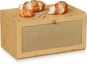 Trironsun Rattan Bamboo Bread Box for Kitchen Counter Large Capacity Bread Storage Bin Farmhouse Bread Storage Container Rustic Bread Holder (Natural Bamboo)