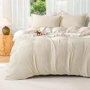 PHF Cotton Muslin Duvet Cover King Size, 3-Layer Soft Lightweight & Breathable Textured Gauze, Skin-Friendly Minimalist All-Season Comforter Cover Set with 2 Pillowcases, 104"x90", Linen