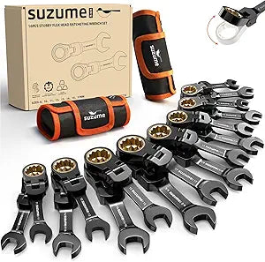 SUZUME Stubby Wrenches Set 16PCS Metric (8-17mm) & SAE (5/16 To 3/4) 180 Flex Head Stubby Ratcheting Wrench Set Cr-V 90-Tooth for Tight Spaces & Motorcycle Repair with Rolling Pouch
