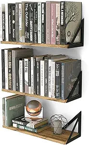 Wallniture Minori Floating Shelves Set of 3, Small Bookshelf Unit for Living Room, Office, and Bedroom, Natural Burned Rustic Wood Wall Decor with Metal Floating Shelf Bracket 6D x 17W x 5.5H in