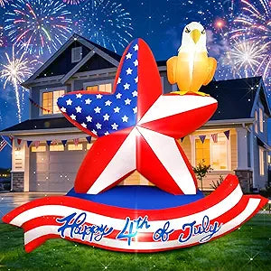 4th of July Inflatables Outdoor Decorations 5.5ft Patriotic American Star Blow Up Inflatable Yard Decoration with Bald Eagle LED Lights Memorial Independence Day Decor for Party Lawn Garden
