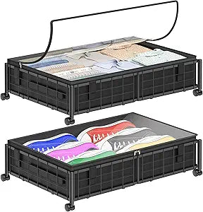 Hleelomi Under Bed Storage with Wheels and Storage Bag, 360 Rolling Under Bed Metal Drawers for Clothes, Blankets, Books and Shoes,Black 2pack