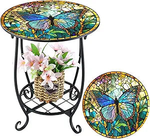 Cinnvoice Outdoor Side Table Round Small Mosaic Patio Accent Indoor End Plant Coffee Tea Table for Yard Patio Porch Garden Living Room, Bedroom(Butterfly Style,14 Inch)
