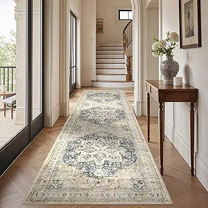 Tortania Area Rug 3x12 Runner Rugs - Washable Vintage Oriental Farmhouse Thin Indoor Carpet for Living Room Bedroom Hallway Entryway Kitchen Under Dining Table Home Office - Cream/Blue