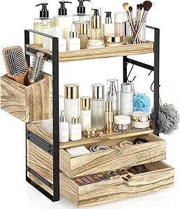 2-Tier Bathroom Counter Organizer with 2 Drawers, Basket and Hooks, Wood Bathroom Organizers and Storage for Countertop, Farmhouse Bathroom Countertop Organizer for Vanity, Kitchen, Coffee Bar, Office