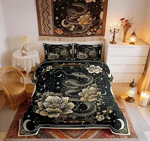 Manfei Gothic Snake Adults Comforter Set,Boho Mystic Animal Starry Moon Glitter Exotic Trippy Bedding Set All Season,Rustic Lotus Flowers Snake Floral Comforter 3 Pcs with 2 Pillowcases,King Size