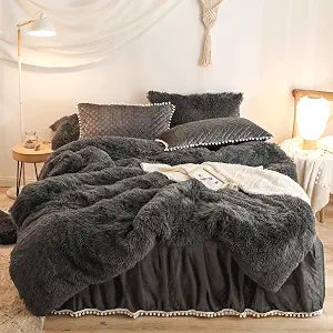 Faux Fur Dark Gray Comforter Cover Queen Set, Soft Fluffy Fuzzy Dark Gray Bedding Queen Set 3 Pieces (1 Shaggy Duvet Cover + 2 Plush Pillow Cases) Furry Bed Set, Zipper Closure