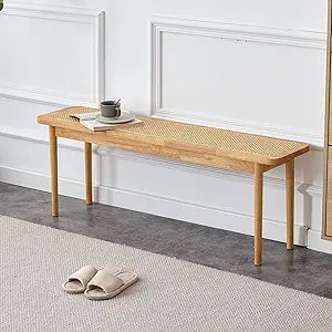 Dining Bench Solid Wood Benches Bed End Stools Rattan Woven Shoe Stools for Restaurants, Living Rooms, and Hallways, 47.24 x 11.02 x 16.93 in (Natural Wood)