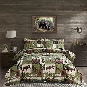 Quilts Set King Size Rustic Quilt Bedspread Coverlet King Quilt Bedding Country Lodge Patchwork Quilt Home Lightweight Reversible Bedspread Rustic Bear Bedding Cabin Moose Forest Animal Coverlet Olive