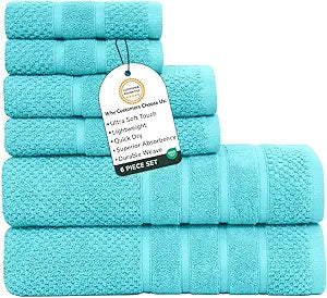 Feather & Stitch 100% Cotton 625 GSM Bath Towel Set of 6, Ultra Soft Highly Absorbent 2 Bath Towels, 2 Hand Towels & 2 Washcloth - Luxury Quick Dry Shower Towels (Aqua)