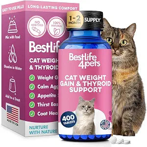 Cat Weight Gainer & Thyroid Support  Natural Appetite Stimulant for Cats, Underweight Kittens or Senior Cats Showing Restlessness and Poor Coat  400 Odorless Pills Help Improve Daily Eating