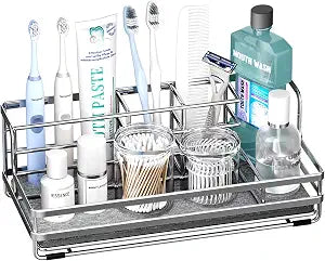 HapiRm Toothbrush Holders for Bathroom - 5 Partitions Bathroom Counter Organizer with Instant Drying Stone, Stainless Steel Countertop Storage Electric Toothbrush Toothpaste Holder - Silver