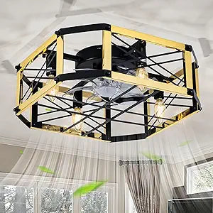 21'' Flush-Mount Ceiling Fan with Dimmable-Light and Memory Remote, Reversible-Motor, Perfect for Bedroom, Living room, Kitchen, Outdoor Gazebo, Patio, Low-Profile Design Black+Golden Copper Cage