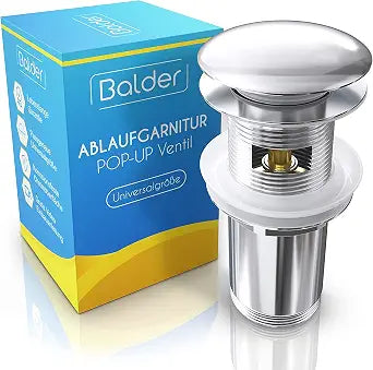 BALDER Universal Pop Up Sink Plug, Bathroom Sink Plug for Basin Waste - Precise Chrome Platted Fitting Brass Drain Valve Including Seal Rings