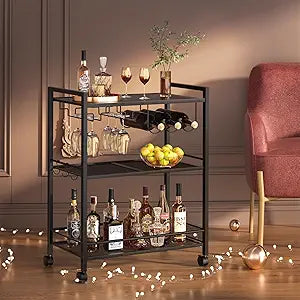 Joaxswe Bar Cart, Home Bar Serving Cart with 3-Tier Shelf,Microwave Cart with Lockable Wheels,Mobile Kitchen Shelf,Rolling Beverage Cart with Wine Rack and Glass Holder for Kitchen,Dinning Room,Black