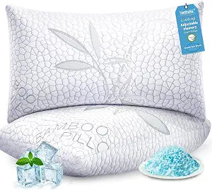 Yettbea Shredded Memory Foam Cooling Pillows Queen Size Set of 2, Supportive Firm Bamboo Bed Pillows- Adjustable Loft with Zippered Cover for Hot, Side, Back, Stomach Sleeper