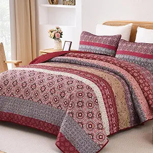 WONGS BEDDING Boho Quilt Set Queen, Red Bohemian Striped Patchwork Bedspread Coverlet Set with 2 Pillowcases,Lightweight Microfiber Floral Bedding Set 96"90"