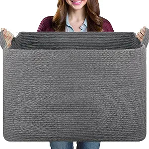 108L Extra Large Blanket Basket, for Living Room, Nursery, Bedroom, Laundry Room,Rectangle Woven Storage with Handles for Comforters, Pillows, Cushions and Toys, 24.8" x 16.2" x 16.2", Dark Grey