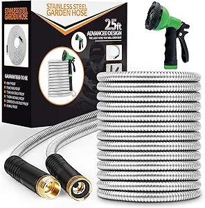Garden Hose 25ft, Stainless Steel Heavy Duty Water Hose with 10 Function Nozzle Flexible, Lightweight, No-Kink, Pet Proof, Puncture Proof Metal Hose for Yard, Outdoor