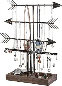 Urban Deco Arrow Jewelry Organizer Stand 4-Tier Black Jewelry Stand Necklace Organizer With Wooden Ring Holder For Jewelry Display Bracelet Holder Stand Earring Organizer For Girls - Black
