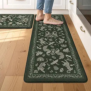 LEEVAN Anti Fatigue Mats for Kitchen Floor Non-Slip, Cushioned Kitchen Mats for Floor 2 Piece, Dark Green Memory Foam Kitchen Mat Set, Waterproof Ergonomic Standing Mat for Bar, Office,Desk, Laundry