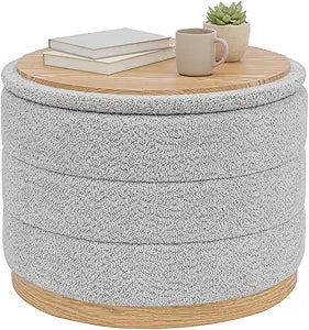 B FSOBEIIALEO Round Storage Ottoman with Tray, Folding Ottoman with Storage Coffee Table Foot Rest for Dorm Room Living Room Chenille Fabric,Sliver Grey,22.83"x22.83"x17.34"