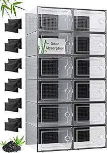 Kuject XL Shoe Boxes with Activated Charcoal, 12 Pack Stackable Plastic Clear Shoe Storage Boxes, Fresh Storage, Fits Men 11 Women 12, Sneaker Organizer Display Case for Closet, Entryway, Black