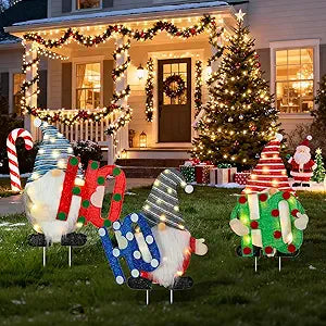Christmas Decorations Outside Gnomes Yard Stakes with Warm Lights 9AA Batteries Outdoor Lighted Holiday Displays for Yard Lawn Porch Garden