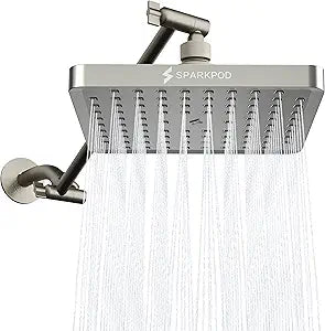 SparkPod Square Rain Shower Head with Extension Arm - Height Adjustable Shower Head with High Pressure Performance - Easy 1-Minute Installation (8" Square, Elegant Brushed Nickel)