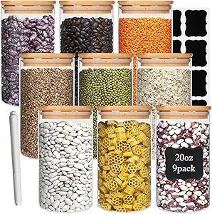 Glass Food Storage Containers Jars with Airtight Bamboo Lid 20 oz 9 pcs, 590 ml Pantry Organization Jar, Glass Terrarium with Lid, Spice, Flour and Sugar Container, Canister Set for Kitchen Counter
