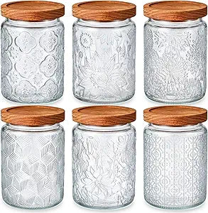 Sumind 6 Pcs Vintage Glass Jars with Wooden Lids 24 oz Airtight Glass Food Storage Containers Sets Clear Rustic Canisters Decorative Storage Jars for Spice Coffee Tea Candy Cereal Flour (Floral)