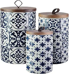 American Atelier Medallions Canister Set 3-Piece Ceramic Jars in Chic Design With Lids for Cookies, Candy, Coffee, Flour, Sugar, Rice, Pasta, Cereal & More Blue