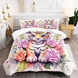 Kids Comforter Set with Colorful Playful Tiger Print Watercolor Animal Theme Quilt Bedding Set Twin Size with 1 Comforter and 2 Pillowcases for Boys Girls Bedroom All Season