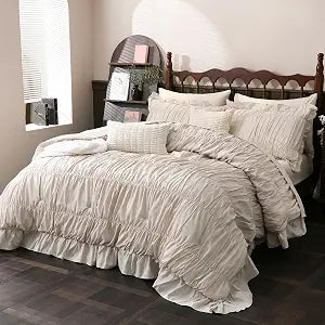 Herside Beige Comforter Set Queen Size,Ruched Neutral Boho Bedding 9-Piece Bed-in-a-Bag Fluffy Farmhouse Ruffle Bedding Set with Comforter, Flat Sheet, Fitted Sheet, Pillow Shams, Pillowcases