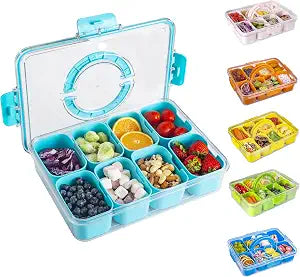 WACOI Divided Snack Serving Tray with Lid and Handle Travel Snackle Charcuterie Container Portable Storage Organizer for Candy, Fruits, Nuts, Snacks, Party, Picnic (1pack, Lake blue)