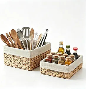 Water Hyacinth Storage Baskets, Set of 2 Woven Baskets for Organizing with Removable Washable Liner, Rectangular Wicker Baskets for Shelves, Pantry, Bathroom, Kitchen, Natural